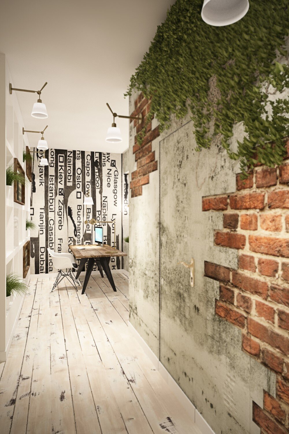 brick wall, home office