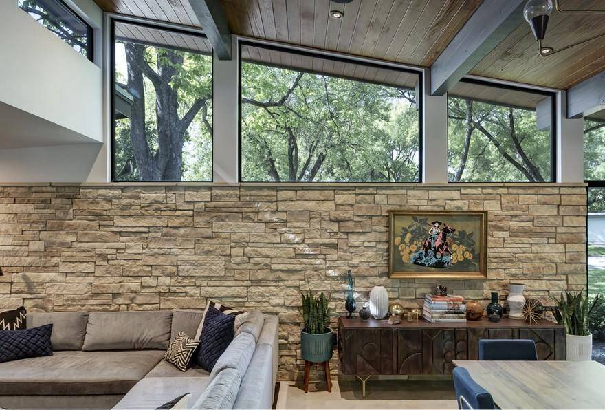 Central Austin House Remodeled in the Spirit of the Original Mid-Century House 17, stone wall
