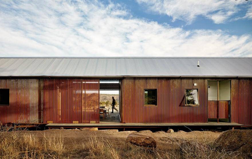 Off-the-Grid Porch House in West Texas 1 , rusting steel