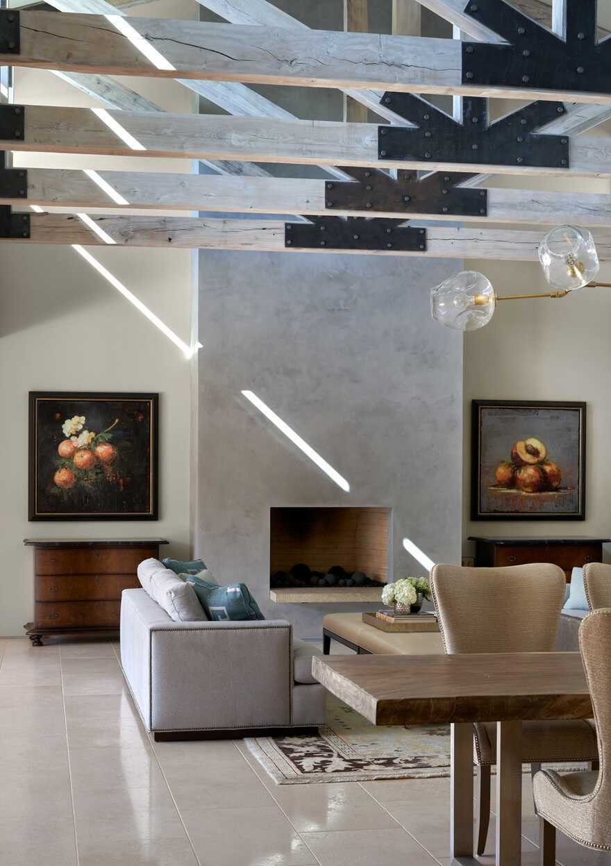 living room, sofa, wood burning fireplace, ceramic tile floors, Texas / Dick Clark + Associates