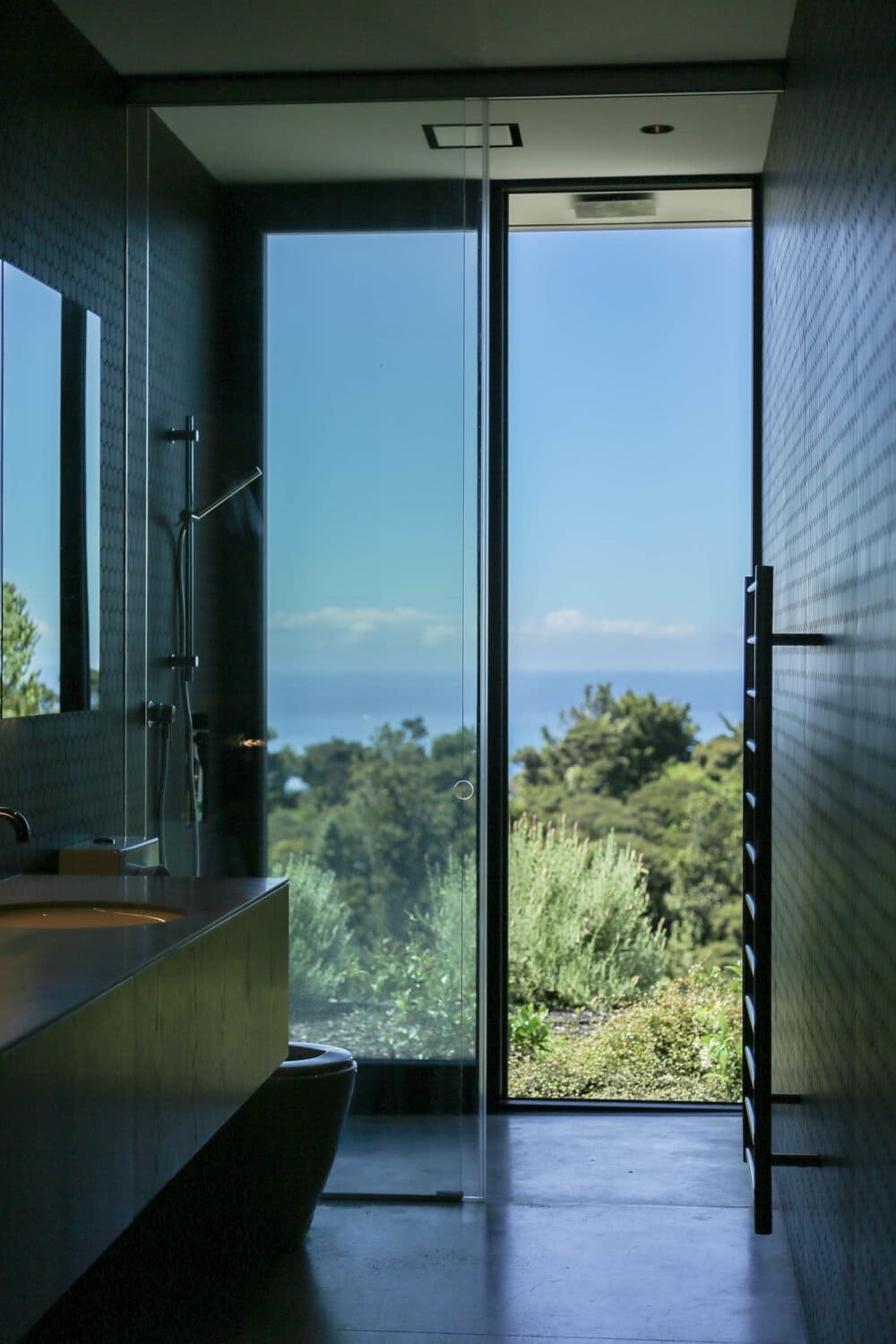 The bathroom on the lower level has a view of bush and sea