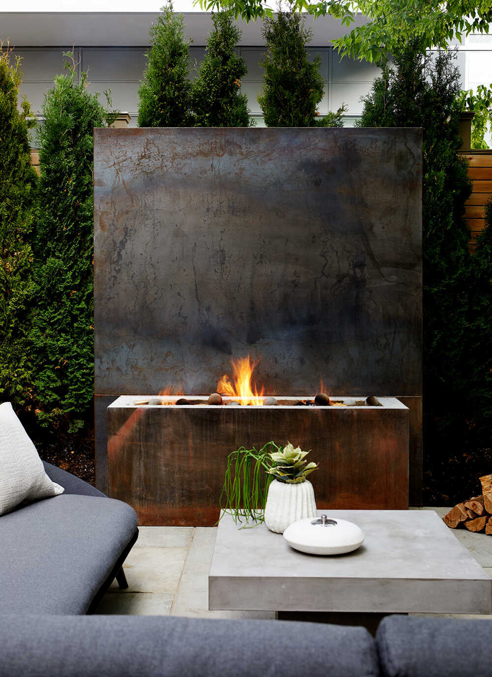 fireplace, terrace, outdoor living, Ancerl Studio
