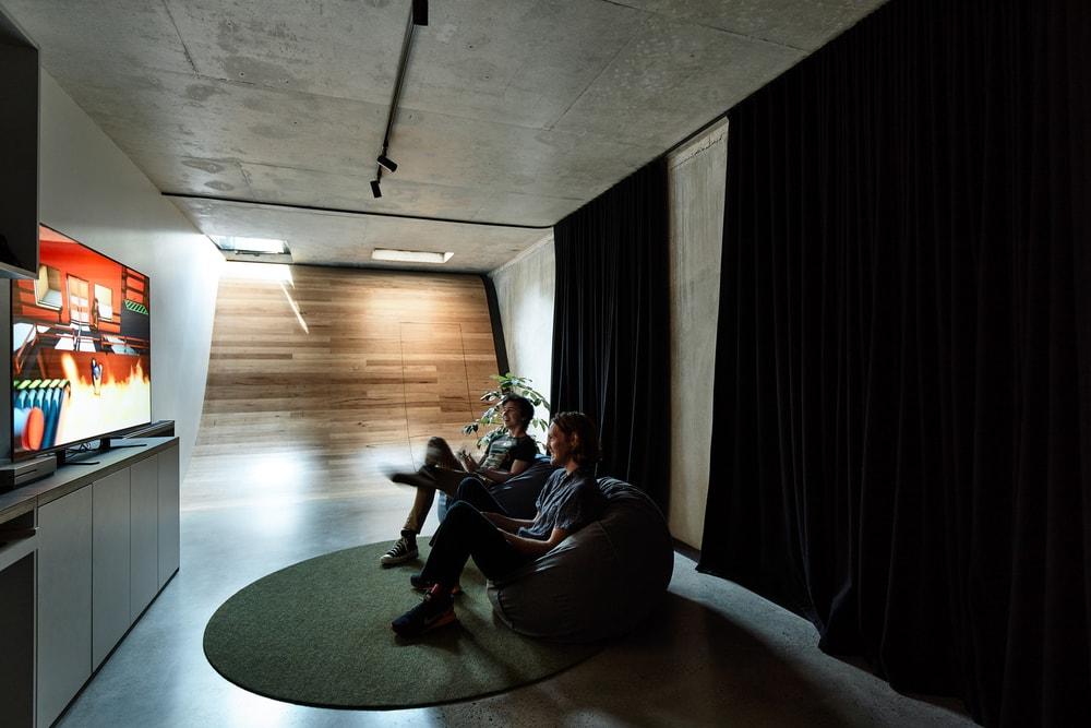 The basement is a dedicated space for the boys’ gaming activities and other passion projects.