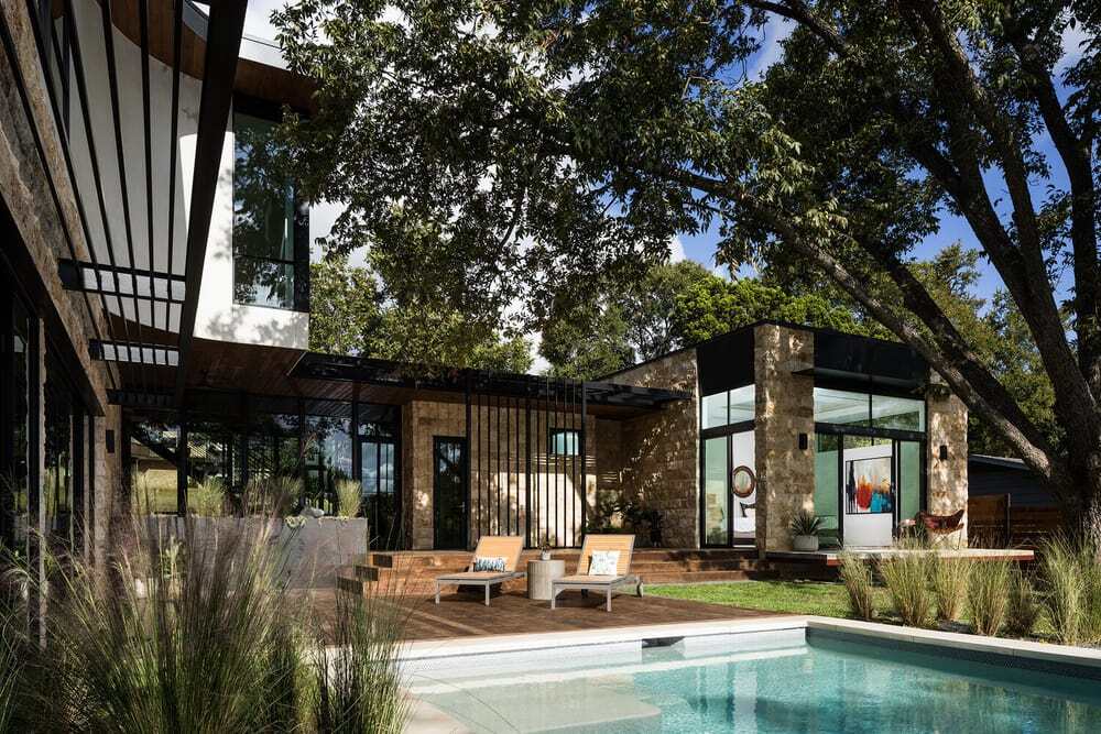 Modern House in Austin Designed as a Grouping of Small Intimate Stone Pavilions