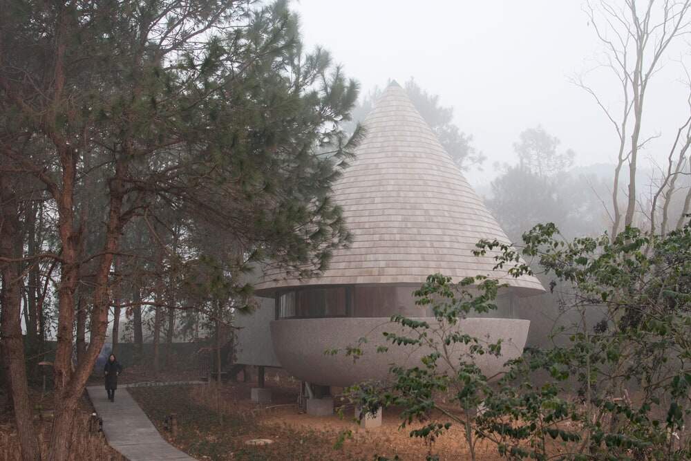 A Mushroom-Formed Wood House in the Forest