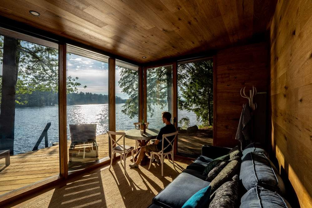 prefab cabin, living area, frontlake retreat