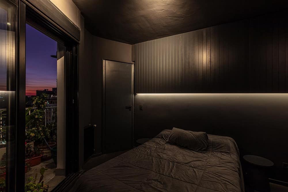 bedroom, Dark Gray Monochromatic Apartment